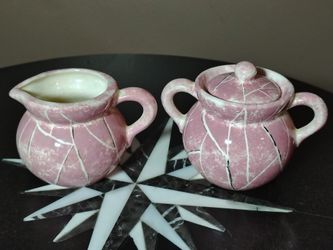 Vintage Studio Ceramic Creamer and Sugar Bowl w/ Lid Pink Rose Spongeware w/ Sgraffito Line Design Incised JD Under Glaze