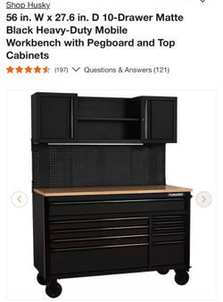 Husky 56 in. W × 27.6 in. D 10-Drawer Matte Black Heavy-Duty Mobile Workbench with Pegboard and Top Cabinets