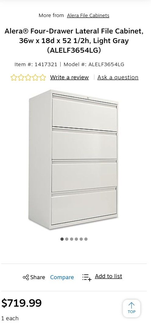 Alera Four-Drawer Lateral File Cabinet, 36w x 18d x 52 1/2h, Light Gray $350