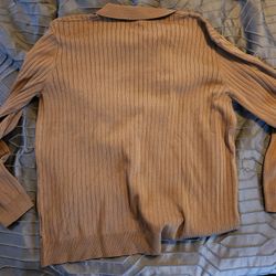 Brown, Ribbed, Collard Long Sleeve Polo