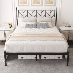 Full Size Platform Bed Frame with Vintage Headboard, 14 Inches Metal Mattress Foundation for Storage, No Box Spring Needed, Easy Assembly, Modern, Bla