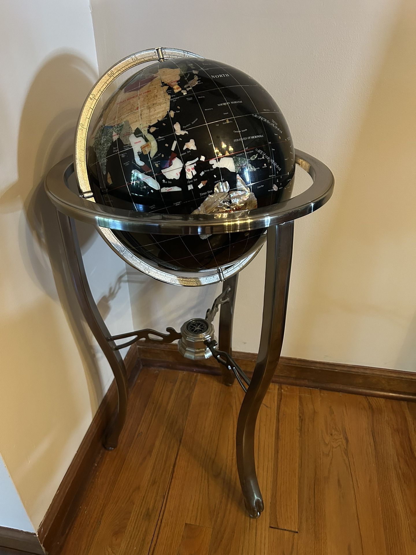 Black and Gemstone World Globe with Stand and compass