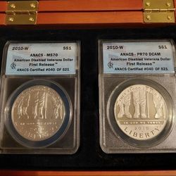 2010-W $1 American Disabled Veterans  Silver Dollar ANACS PR70DCAM & MS70