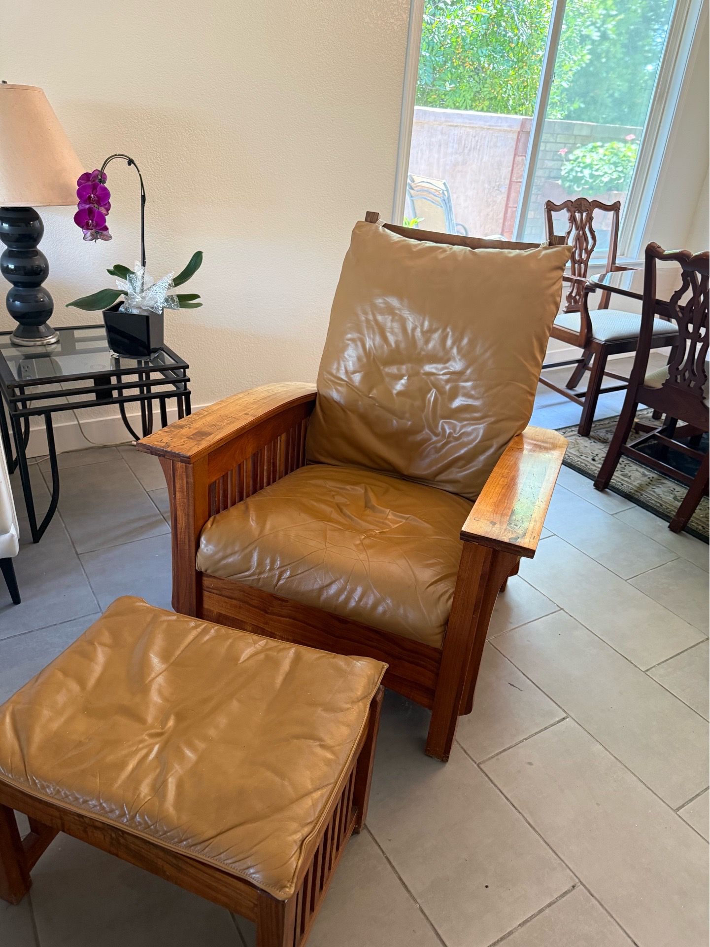 Leather & Wood Armchair + Ottoman
