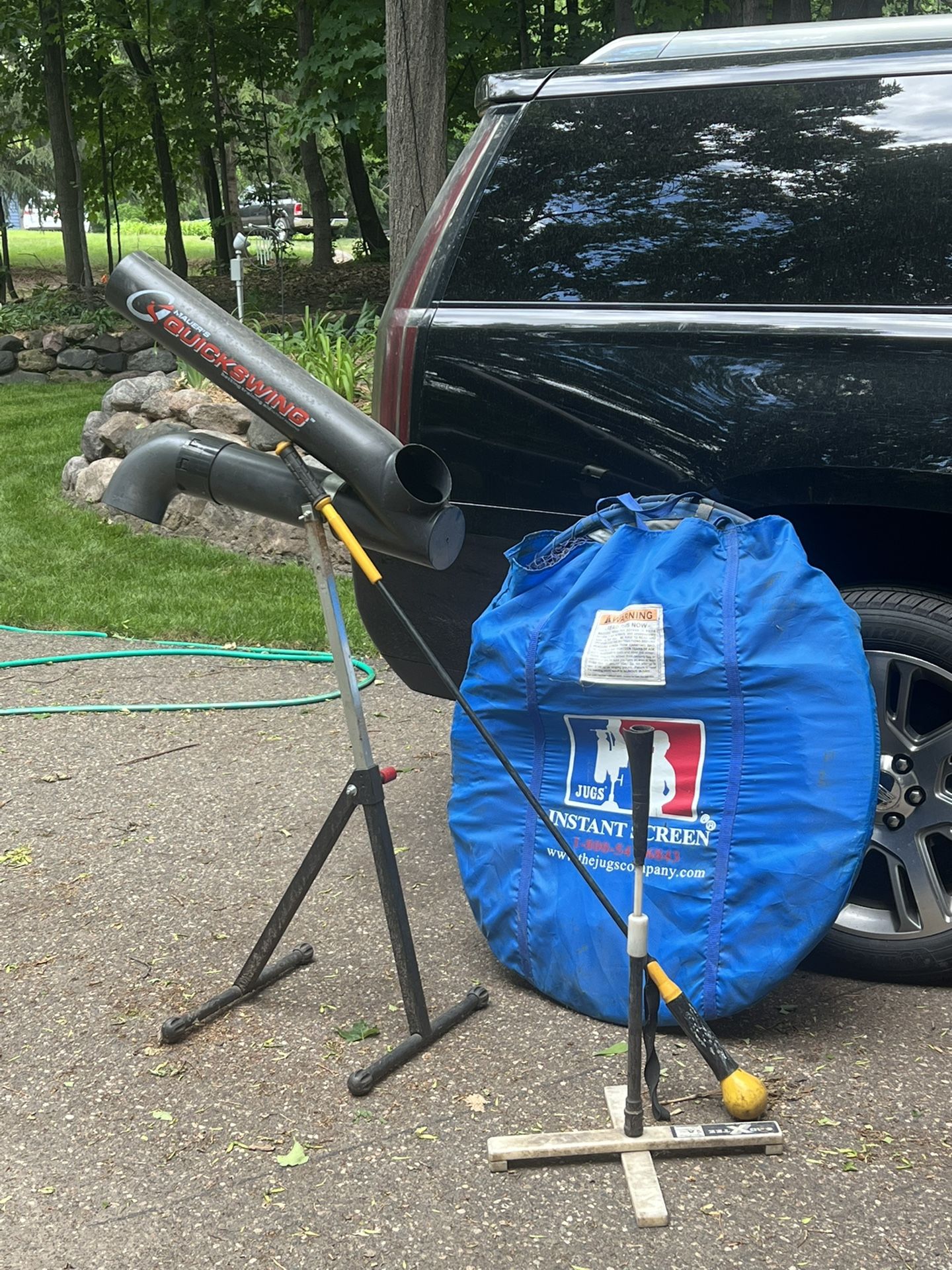 Juggs instant backstop, Joe Maur Quick Swing, Hit stick, and an adjustable tee