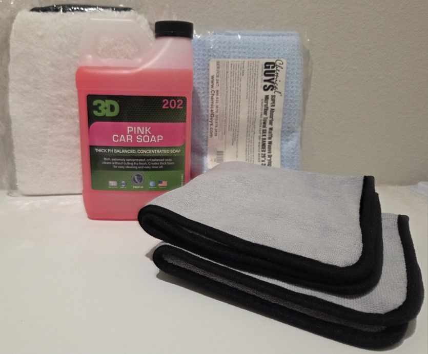NEW 3D Pink Car Soap + Chemical Guys Waffe Weave Microfiber Drying Towel + Meguiar's Wash Mitt + Cobra Microfiber Towels - Auto Detailing Supplies 👇