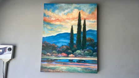 Original Oil Painting Landscape with Cypress Trees