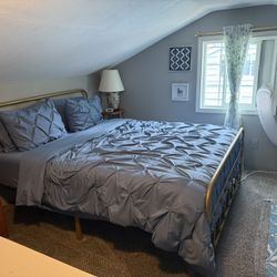 Golden Queen Bed-Frame And Mattress With Mattress Protector And Bedding