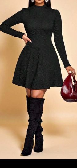 Black long sleeve mock neck flared dress