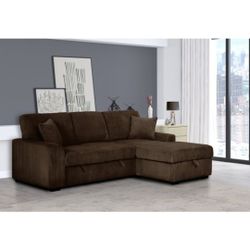 Brand New CHOCOLATE Fabric RHF Pull Out Sectional Sofa & Storage