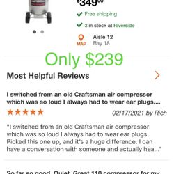 Husky 20-Gallon 80% Quieter air compressor only $239