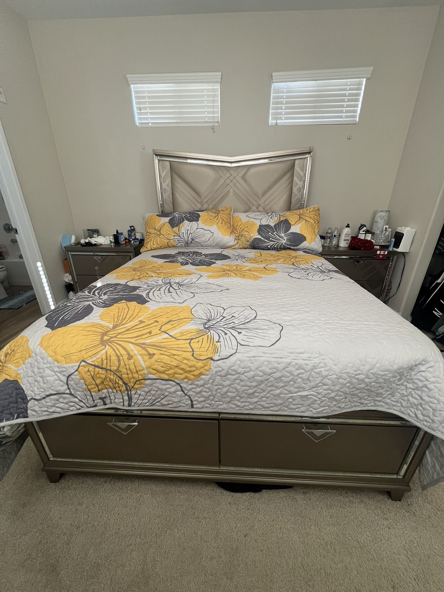 LED Dark Champagne Queen bed with Storage Set
