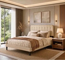 Queen Upholstered Platform Bed Frame with Headboard - Modern Bedroom Furniture with Sturdy Wooden Slats, Quiet & Noise Free, No Box Spring Needed, Bei