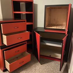 Red And Black Dresser Corner Shelf And Cabinet With Key