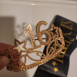 Sweet SIXTEEN Gold Tiara And BLACK/gold Sash