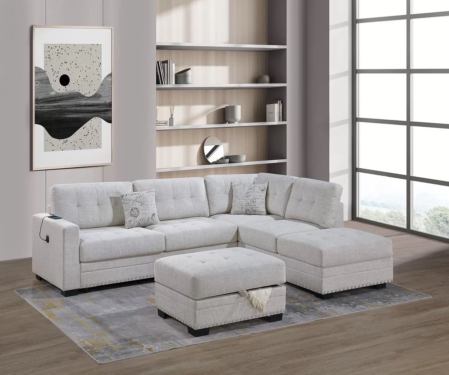 F8486. OFF WHITE SECTIONAL SOFA WITH OTTOMAN