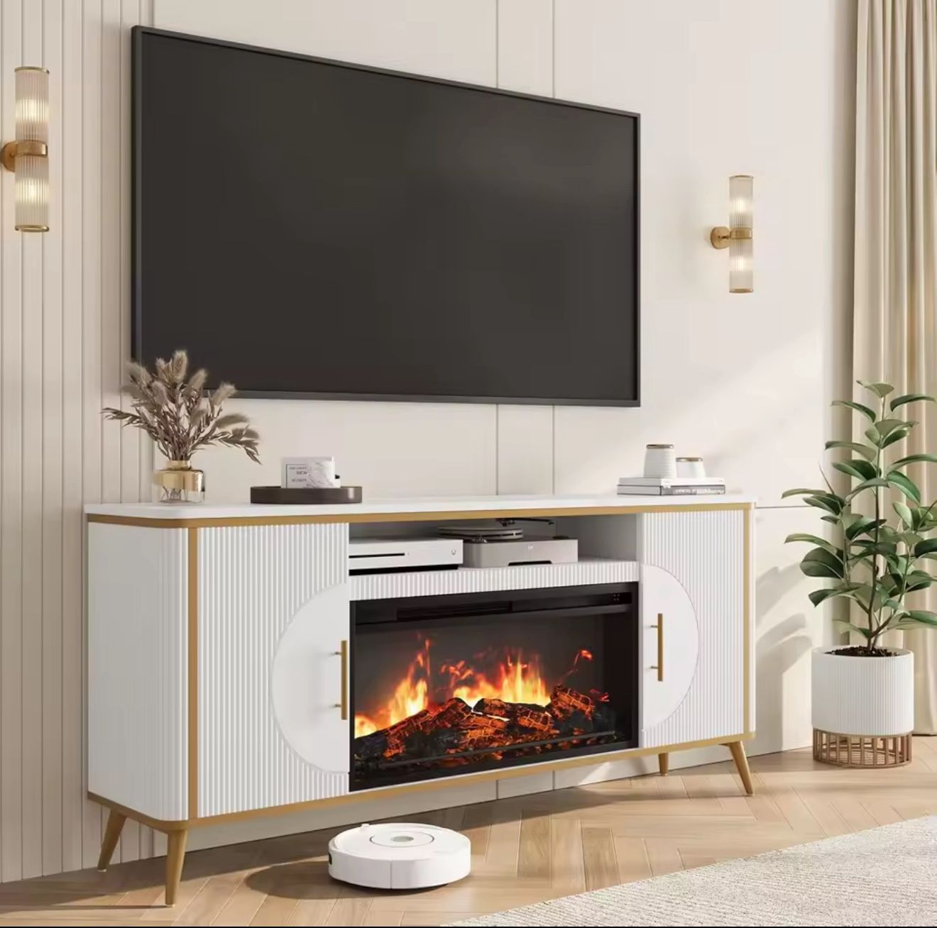 Modern Fluted Fireplace TV Stand – Fits up to 80” TVs with 3-Side LED Flame, Storage Cabinets & Open Shelves