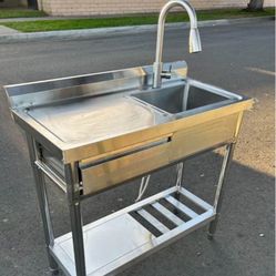 Utility Freestanding Kitchen Sink with Hot and Cold Water Pipe,Drawer, Stainless Steel Sink for Laun