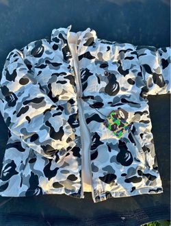 bathing ape white camo puffer jacket