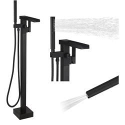 Besy Freestanding Tub Filler Waterfall Spout With Handshower Matte Black Floor Mount New