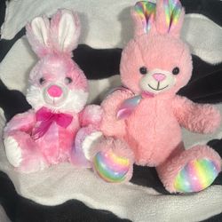 Pink Stuffed Bunny Rabbit Pair Lot - Easter Spring Plush Rainbow Accents