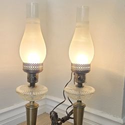 Two Vintage Electric Brass Hurricane Style Lamps With Marble & Crystal Base. In Great Condition.