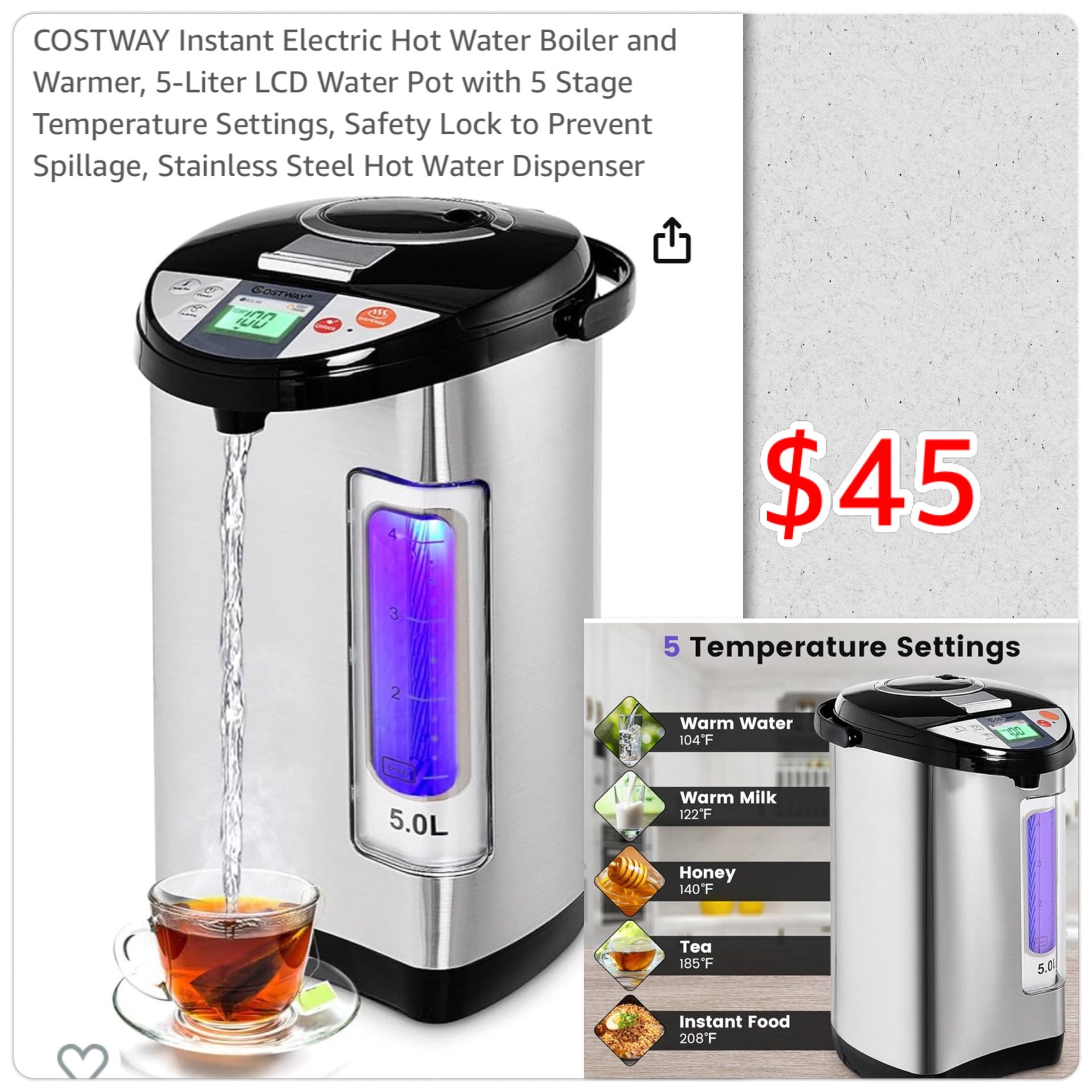 Instant Electric Hot Water Boiler and Warmer, 5-Liter LCD Water Pot with 5 Stage Temperature Settings,$45