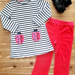 SIZE 5T 2-PIECE OUTFIT STRIPED LADYBUG STRETCHY KNIT LONG-SLEEVE TUNIC W/RED VELOUR LOUNGE PANTS