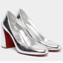 CHRISTIAN LOUBOUTIN MISS SAAB 85 CRINKLED SILVER LEATHER BLOCK HEEL PUMP SZ 38.5