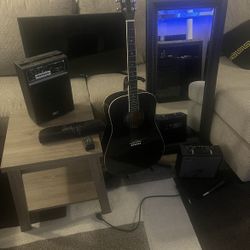 Tv,guitar,table,sounds Bar,amps,microphone,dishes