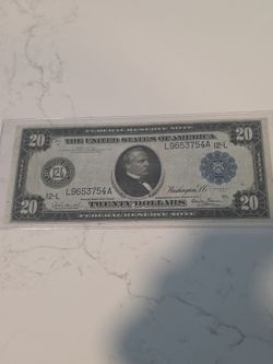 1914 $20 Federal Reserve Note issued by the Federal Reserve Bank of San Francisco (indicated by the "12-L"