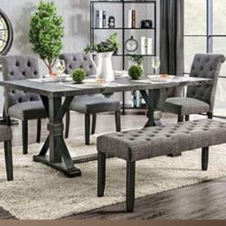 Dark Wood Dining Table + Linen Fabric Tufted Dining Chairs