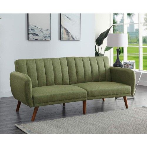 Linen Fabric Tufted Sofa Upholstery Adjustable Couch with Walnut Legs. Color: Blue, Green Or Gray
