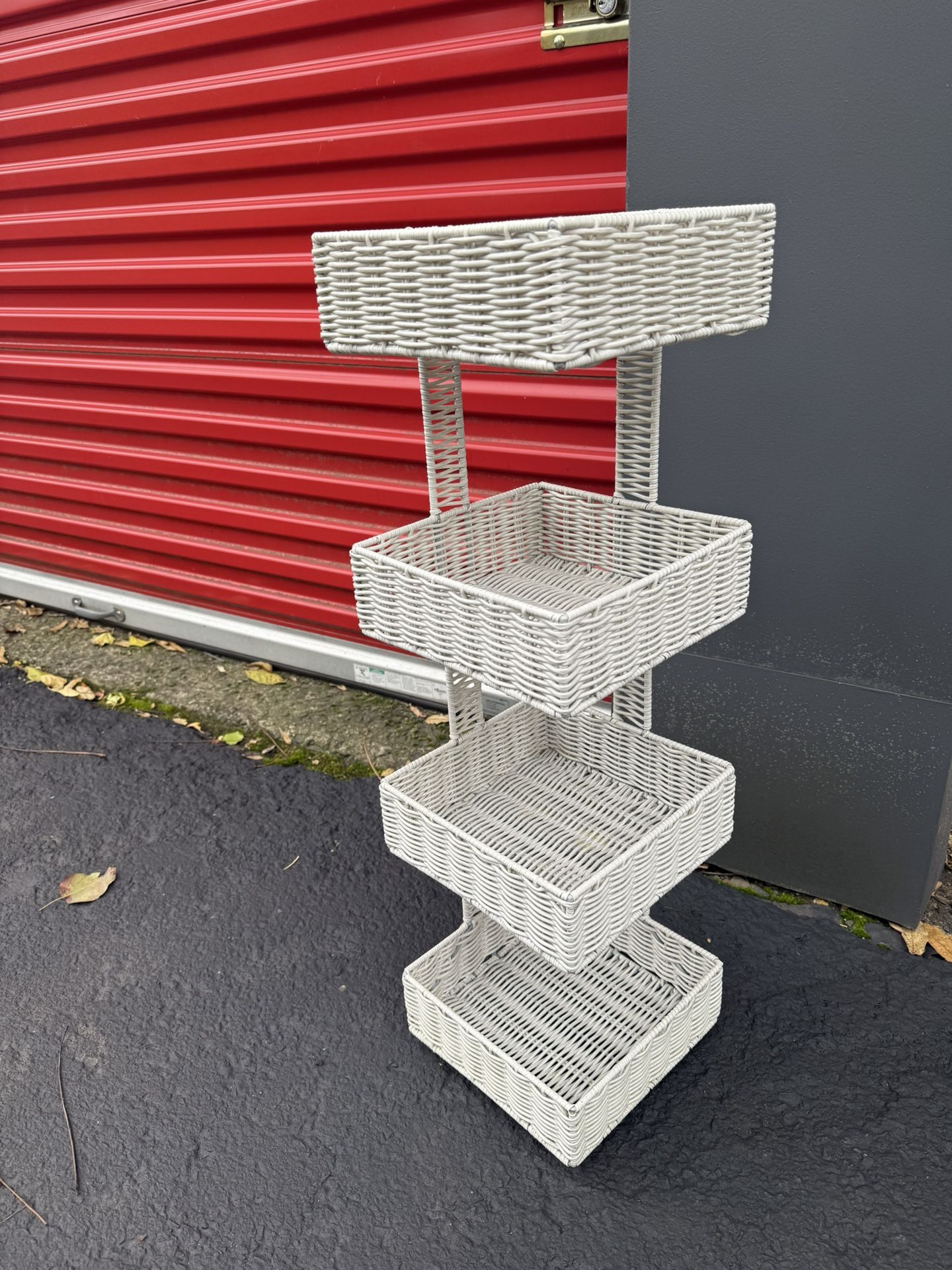 🧺 4-Tier White Wicker Basket Shelf – $25 (Westfield, NJ)