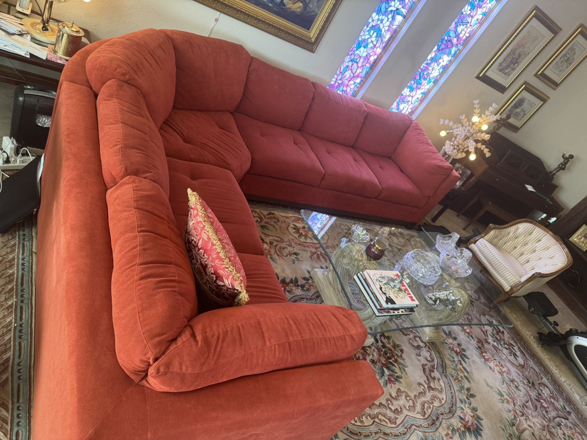 Red Plush Sectional Sofa – Pet-Free Home – Must Sell ASAP 