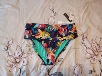 NWT La Blanca Navy Floral Fold-Over Bikini Bottom with Teal Lining 16W