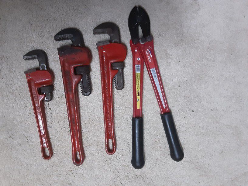 Bolt Cutters And 1=10in. & 2 = 14 in pipe wrenches one is Craftsman