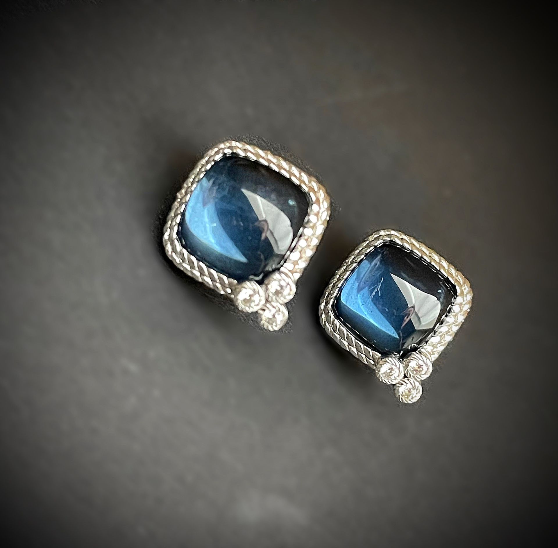 Judith Ripka 925 Sterling Silver Blue Sapphire, Diamond & CZ Stud Earrings