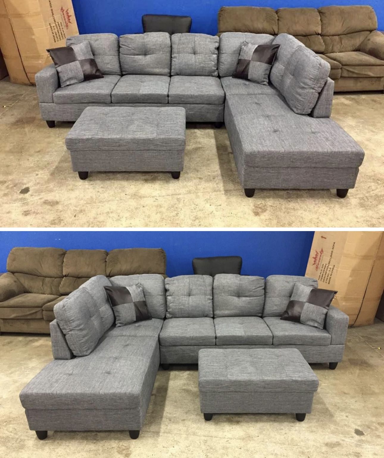 Gray Linen Sectional Couch And Ottoman