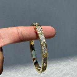 Gold Iced Out VVS1 Moissanite Love Bangle Bracelet Plated Finish S925 Sterling Silver
