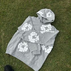 Grey denim tear hoodie 