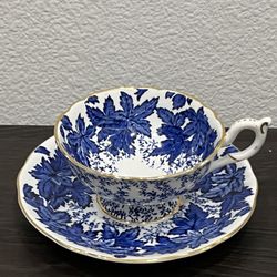 Vintage Coalport Blue Ivy Leaves Chintz Footed Tea Cup & Saucer Gold Trim B