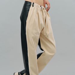 Black Leather Corduroy Pants, Cream & Black from Source Unknown