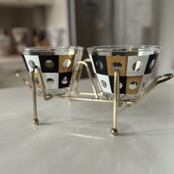 Vintage 60s MCM Hazel-Atlas Harlequin Black and Gold Snack/Chip Bowls With Gold Metal Holder