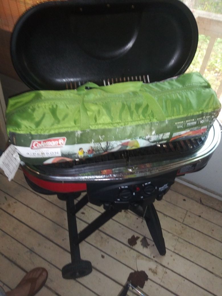 Coleman grill and tent with 2 extra tanks