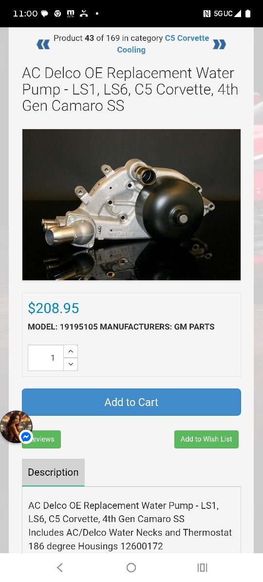 Water Pump Ls2,Ls6, C5 Corvette, 4th Gen Camaro Ss