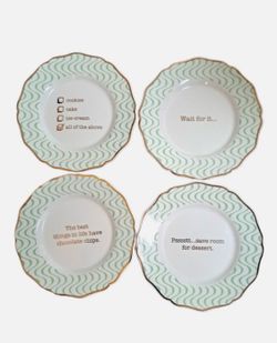 Dessert Plates~Set of 4~Mint Green Wavy Stripes w/Gold Trim~New in Box