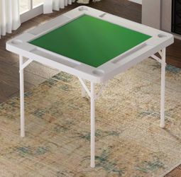 Mahjong Table, Large 35.4" Foldable Card Table with Green Tabletop, White HDPE Portable Game table with Chip Trays and Cup Holders, 4 Chip Trays, Domi