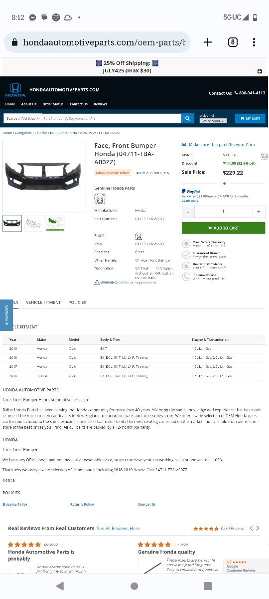 New Honda Civic Front Bumper 2016-2019