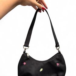 ✨TRENDY EMBROIDERED BEACHY MINI BLACK PURSE FISH STARFISH CRAB✨